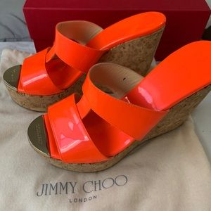 New Jimmy Choo Rare Neon Flame Patent Cork Wedges
